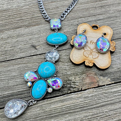 Turquoise Waves Y Pendant Turquoise & Crystal Necklace Set