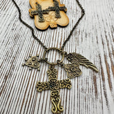 Vintage Gypsy Cross & Wing Duo Charm Pendant Necklace Set