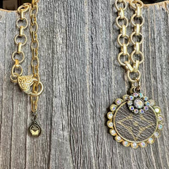 Gold Whisper Arora Borealis Crystal LV Luxe Designer Charm Necklace