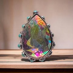High Glass Iridescent Teardrop Crystal Cuff Ring