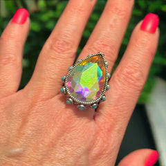 High Glass Iridescent Teardrop Crystal Cuff Ring